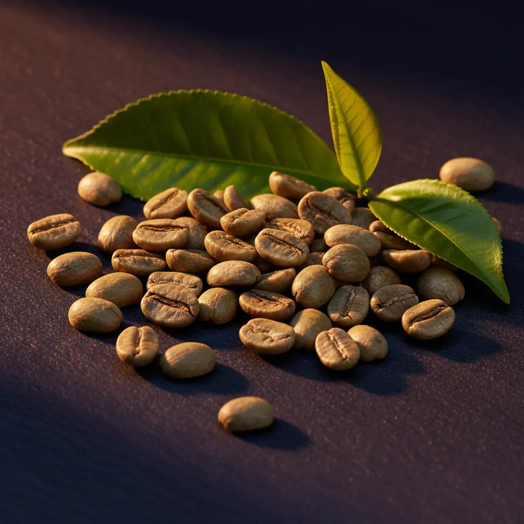 Macro green coffee beans and green tea leaves - green coffee extract supplement AU